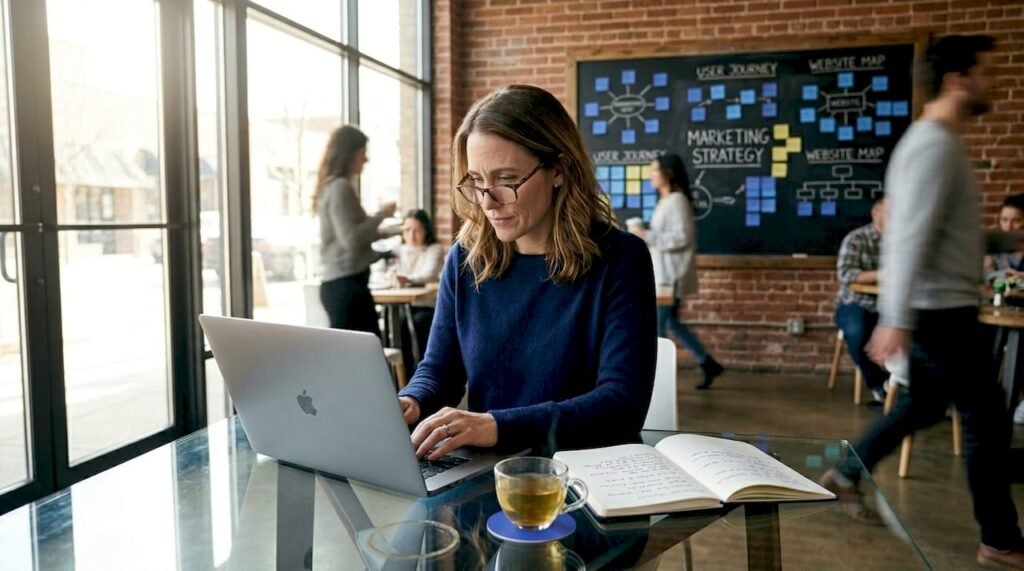 Coach updating website funnel in home office