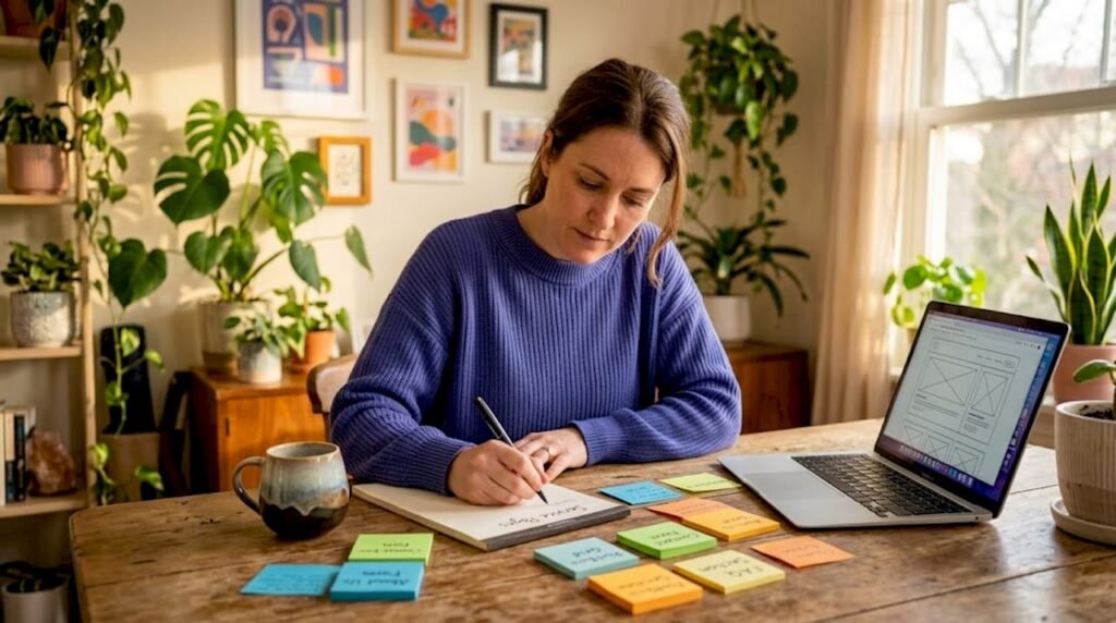 Business owner planning website at kitchen table