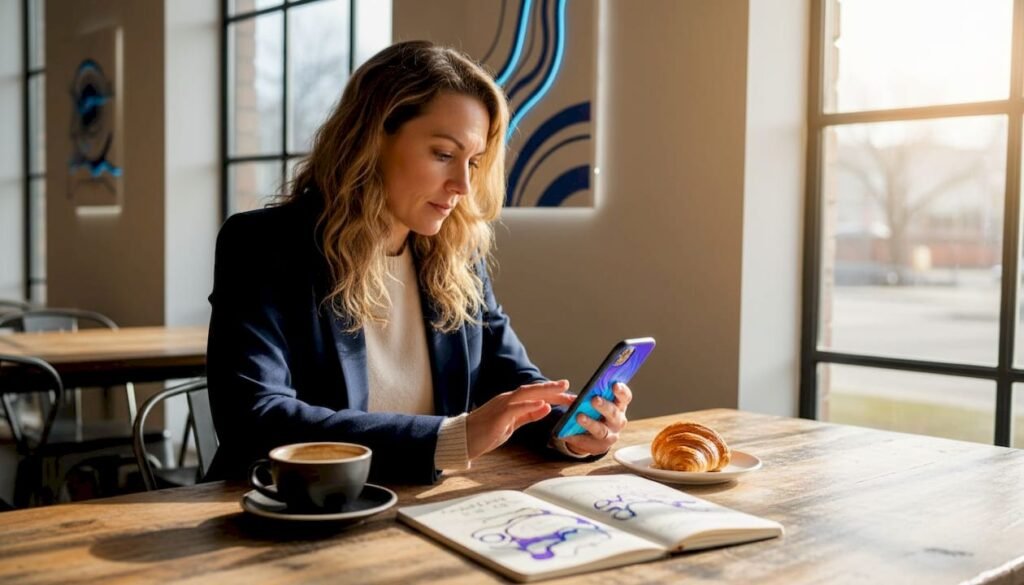 Business owner checking website on smartphone in café