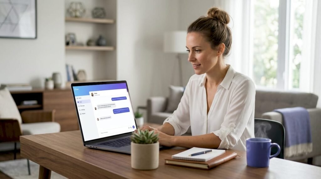 Woman using website chat widget in home office
