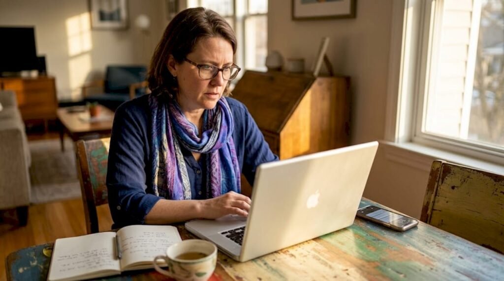 Business owner looks concerned at outdated website