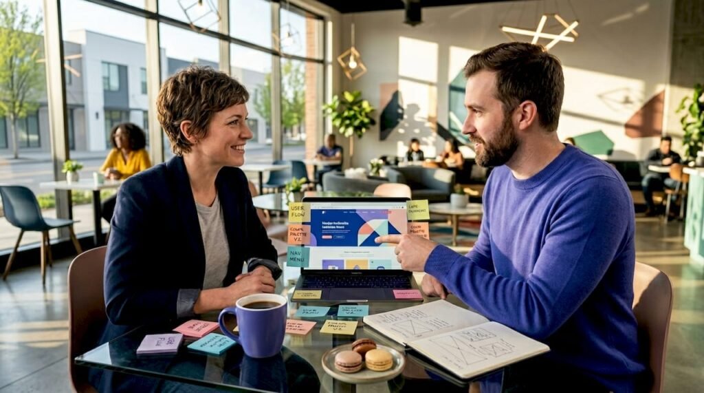 Small business owner discussing website redesign plan