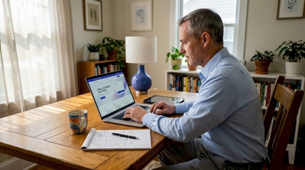 Business owner reviews new website on laptop
