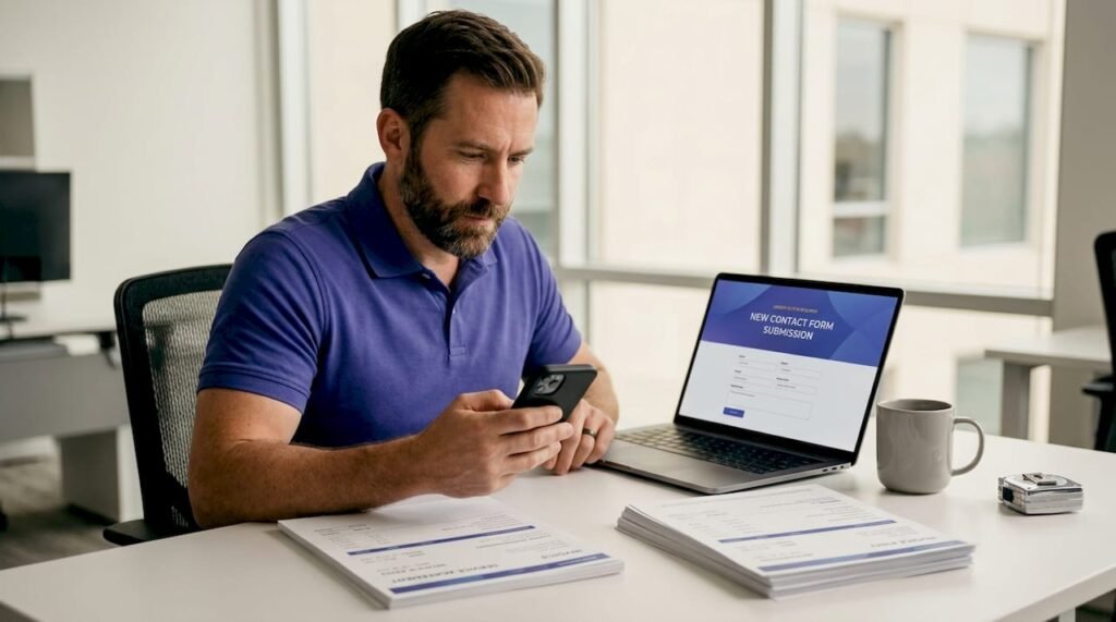 Contractor checking website leads at kitchen table