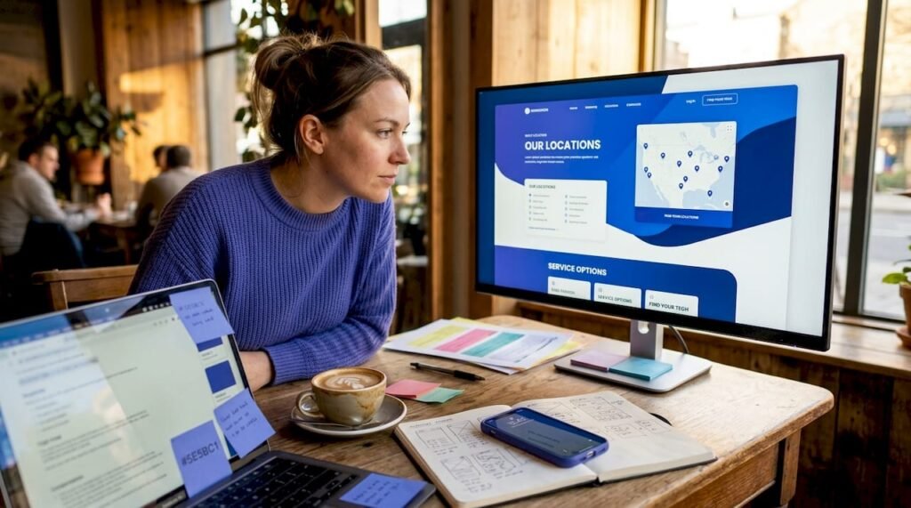 Web developer reviewing multi-location website mockup