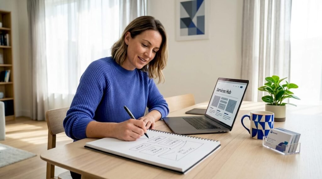 Woman mapping website menu in home office