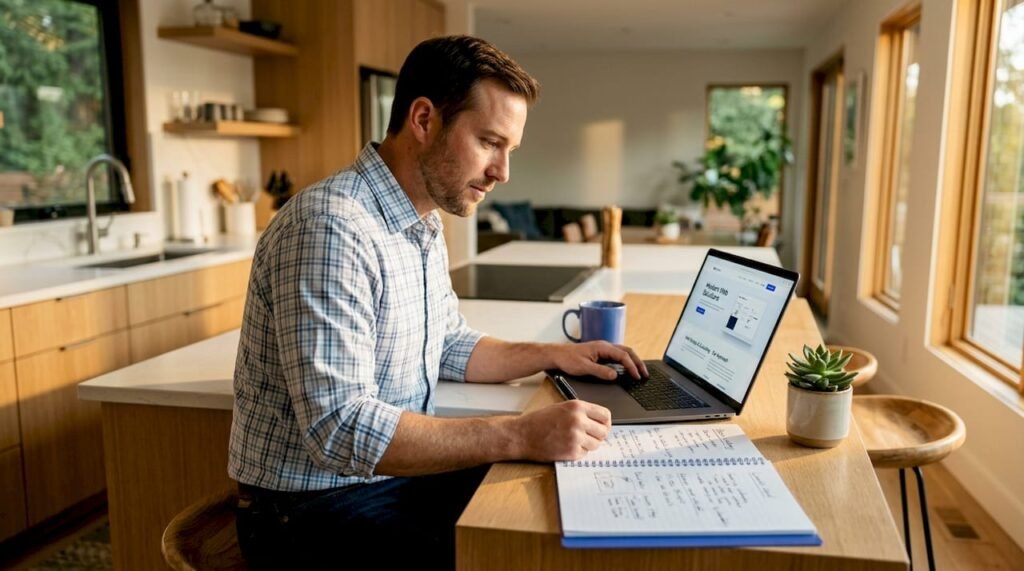 Small business owner reviews one page website