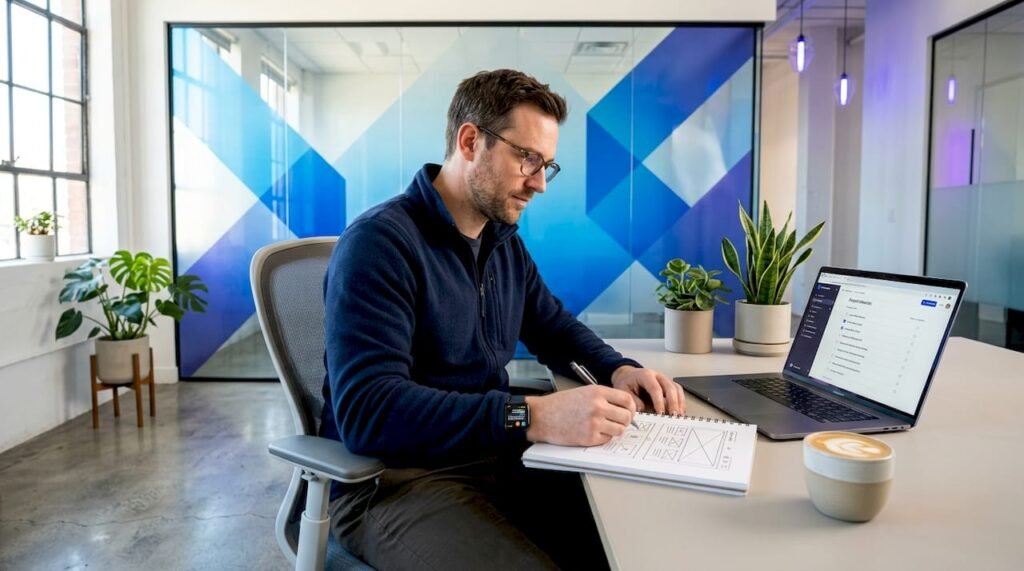 Web designer planning at kitchen table with checklist
