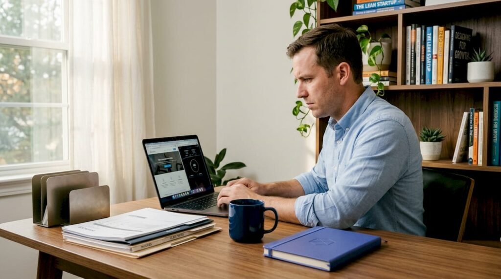 Business owner checking website speed in home office