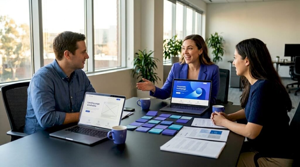 Business team compares website and landing page on laptops