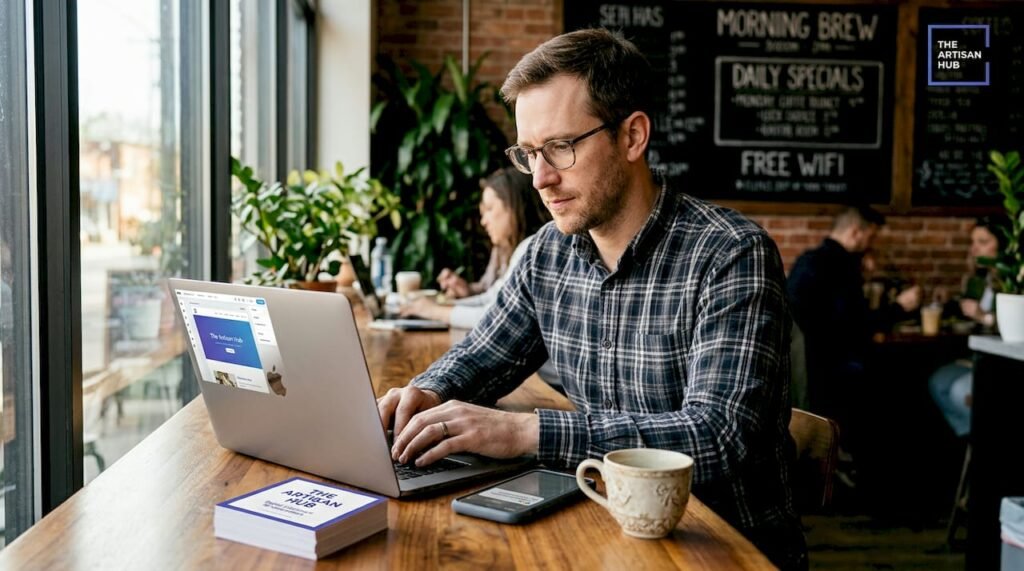 Small business owner updating website at shop counter