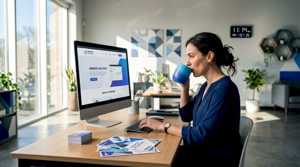Small business owner working on website in storefront office