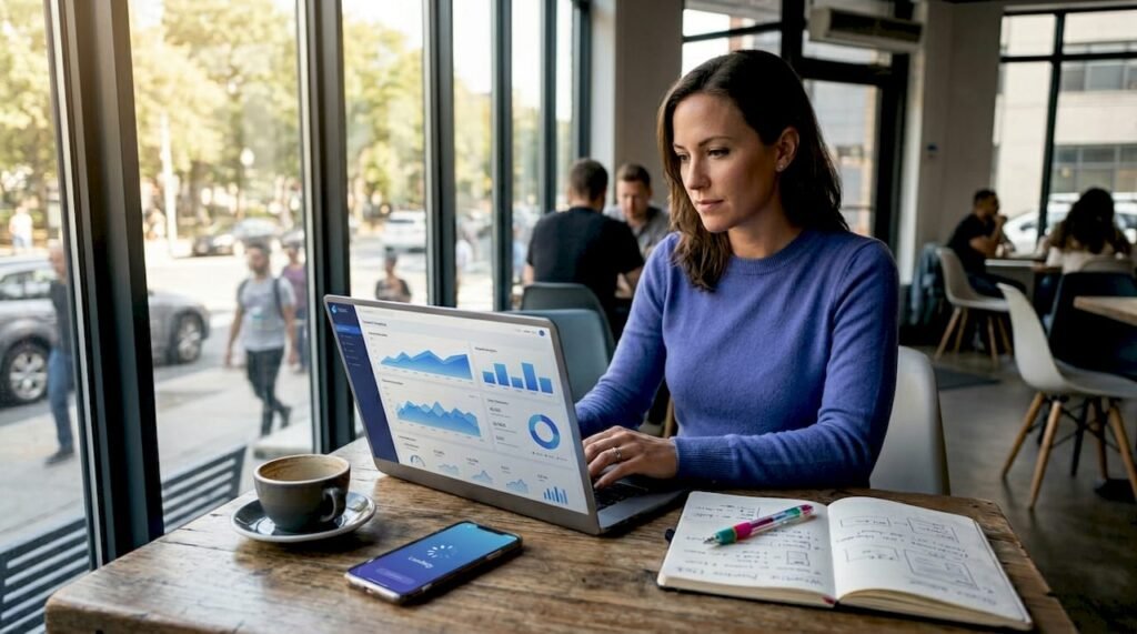 Business owner analyzing website speed at cafe