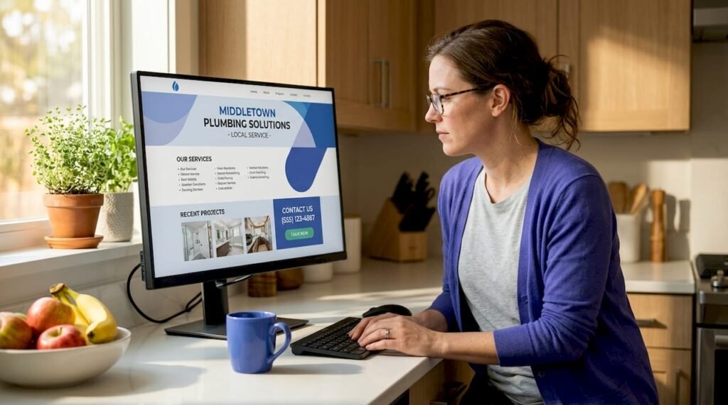Small business owner reviewing homepage layout
