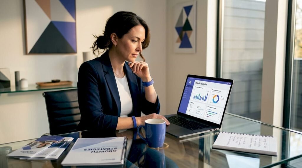 Small business owner analyzing website conversions