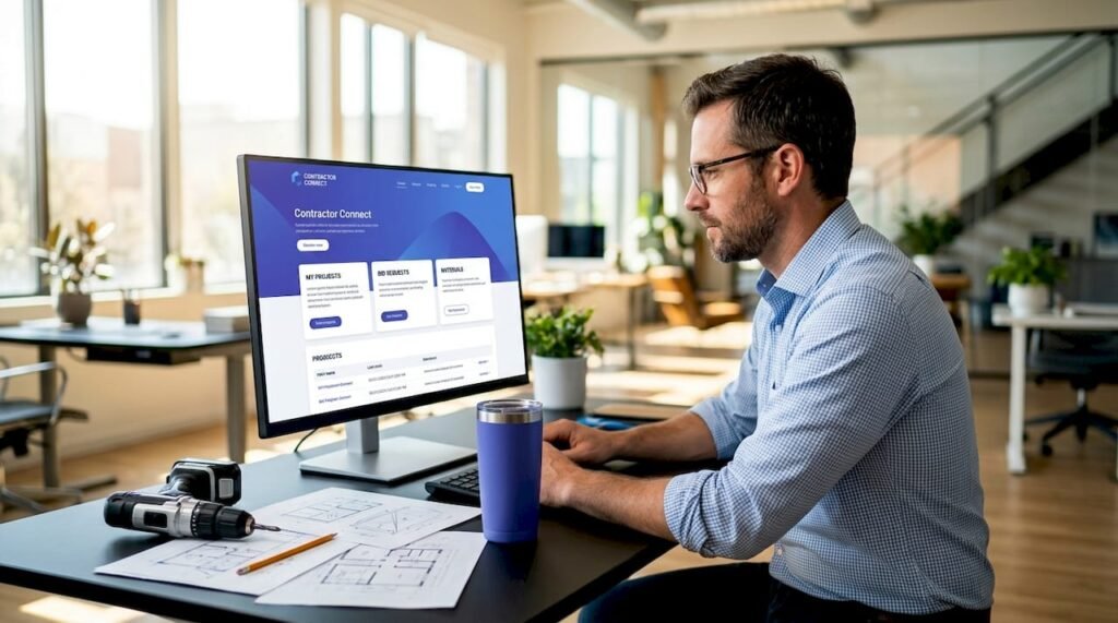 Contractor viewing website on desktop in home office