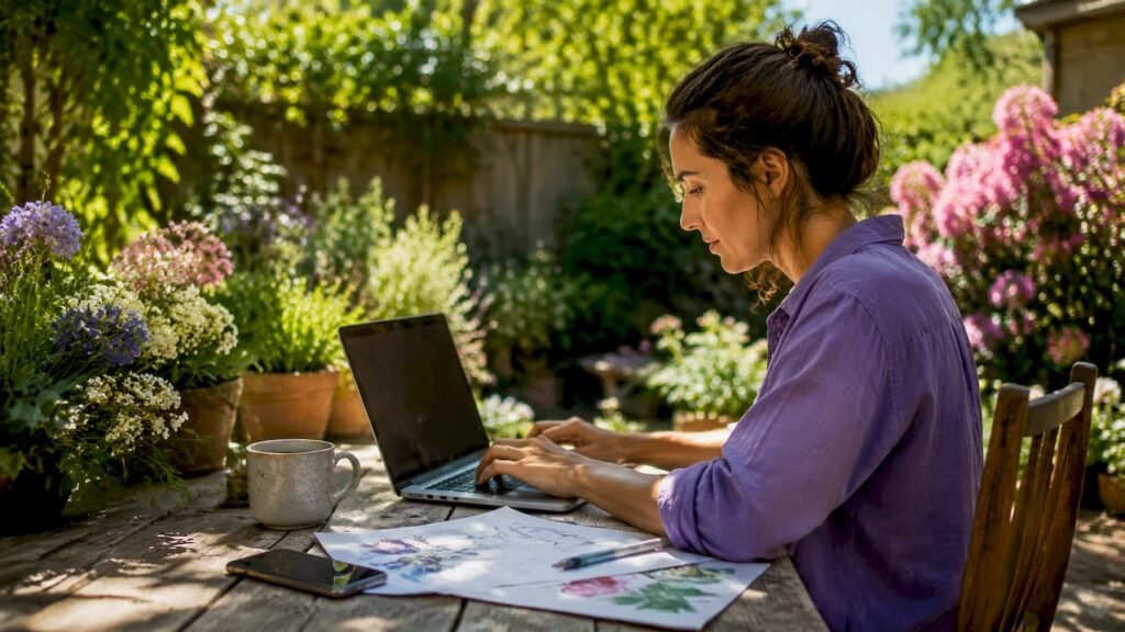 Woman working on local business website at home