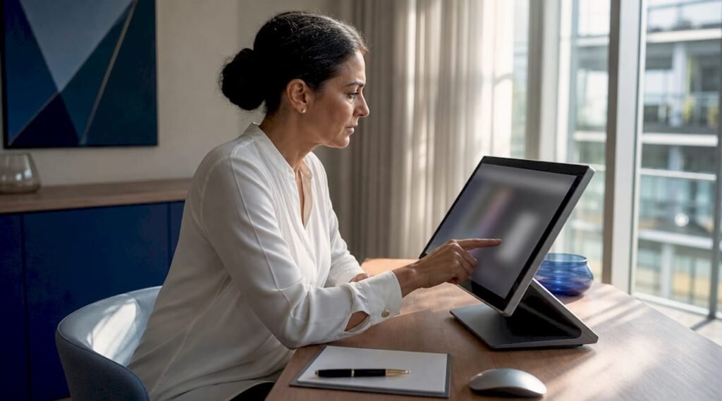 Professional woman planning consulting website navigation