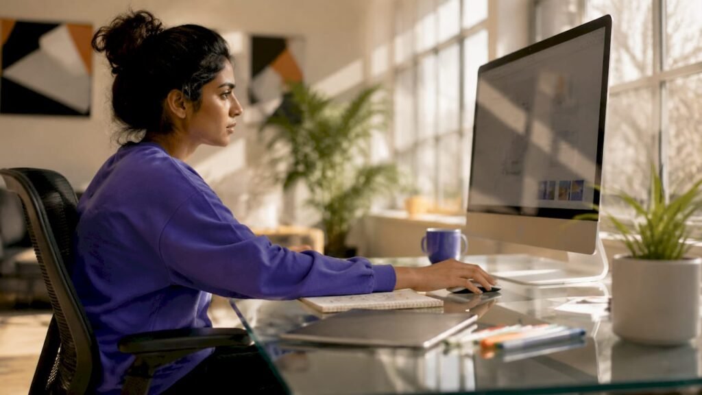 Woman reviewing portfolio webpage at home desk