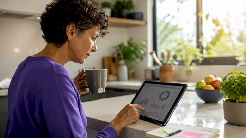 Woman reviewing service page SEO analytics