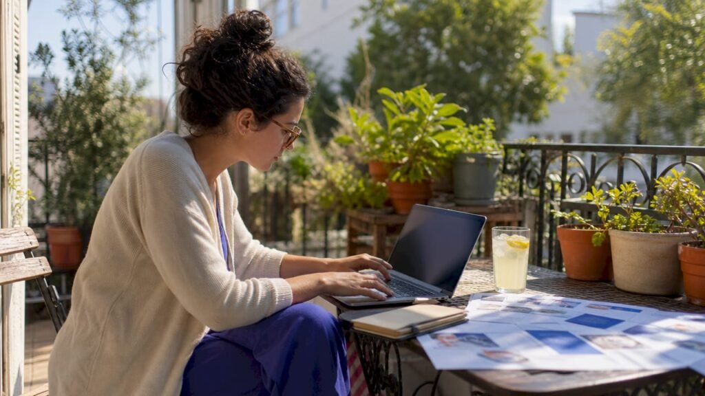 Woman using community involvement website at table