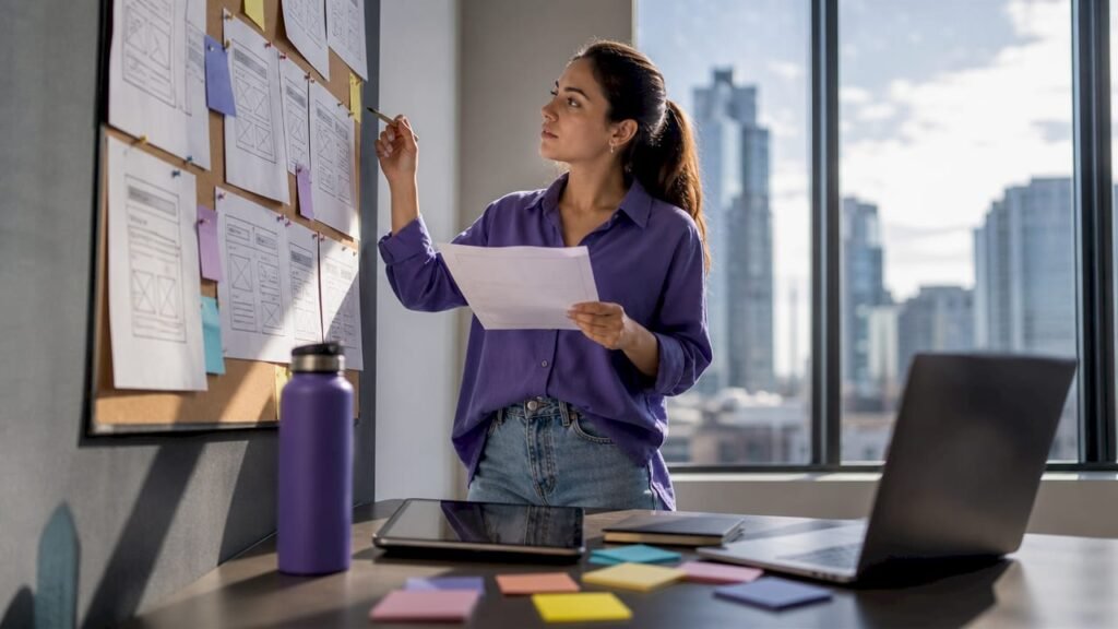 Marketer reviewing wireframes for lead generation website
