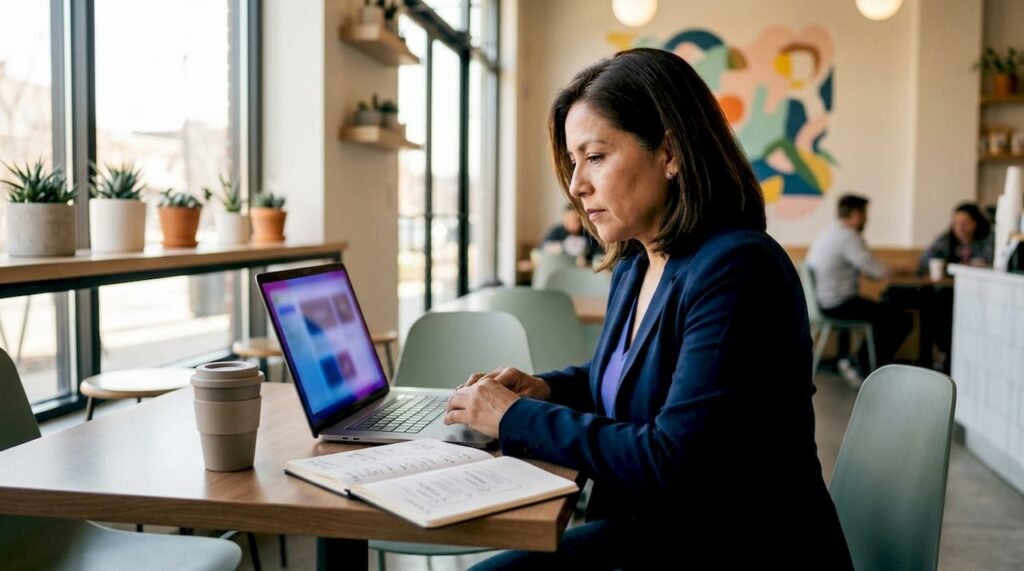 UX designer reviewing testimonial website layouts at desk
