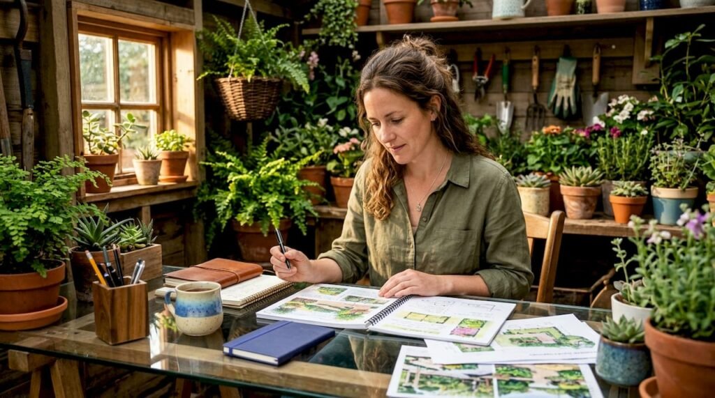 Landscape designer reviewing project portfolios