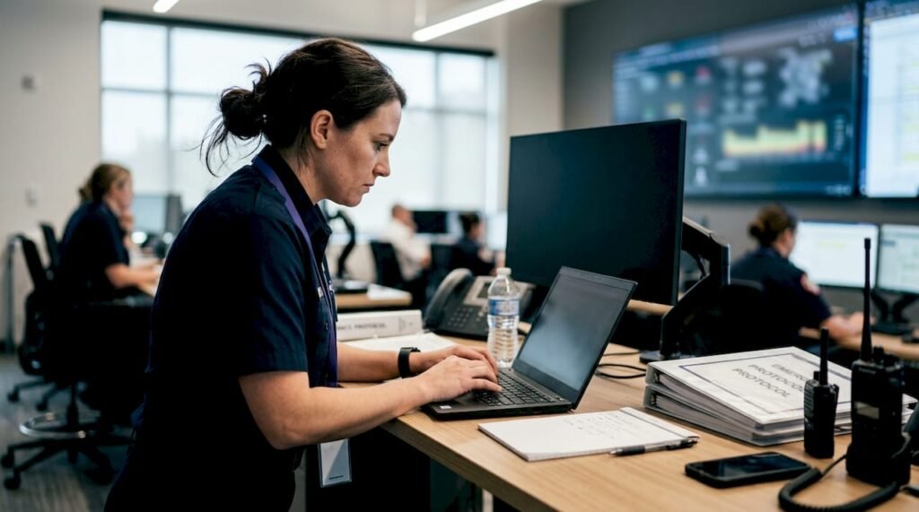 Emergency coordinator managing live emergency page updates
