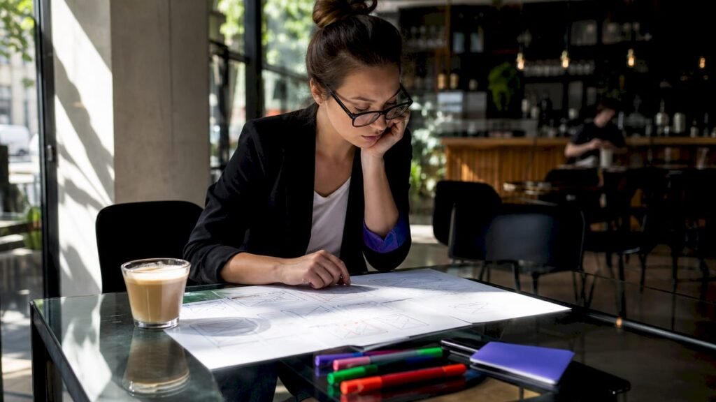 Businesswoman reviewing homepage hero section designs