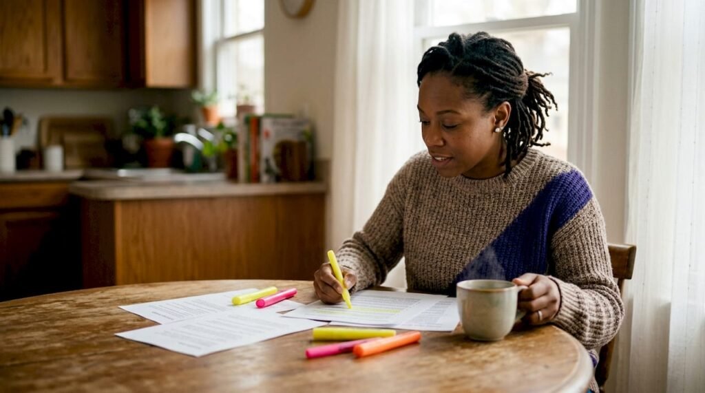Woman reviewing ADA compliance documents at desk