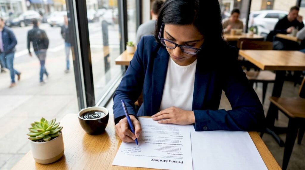 Consultant reviewing pricing strategy documents