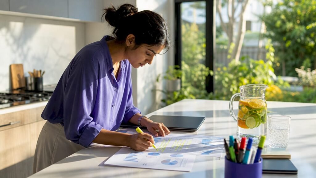 Analyst reviewing printed marketing reports