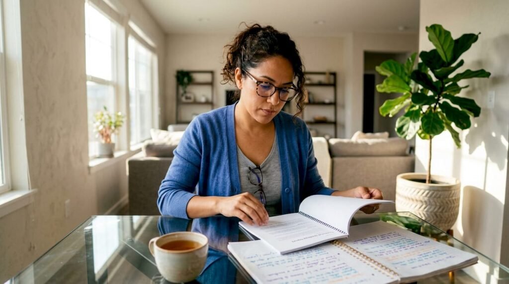 Entrepreneur reviewing referral strategy at home office