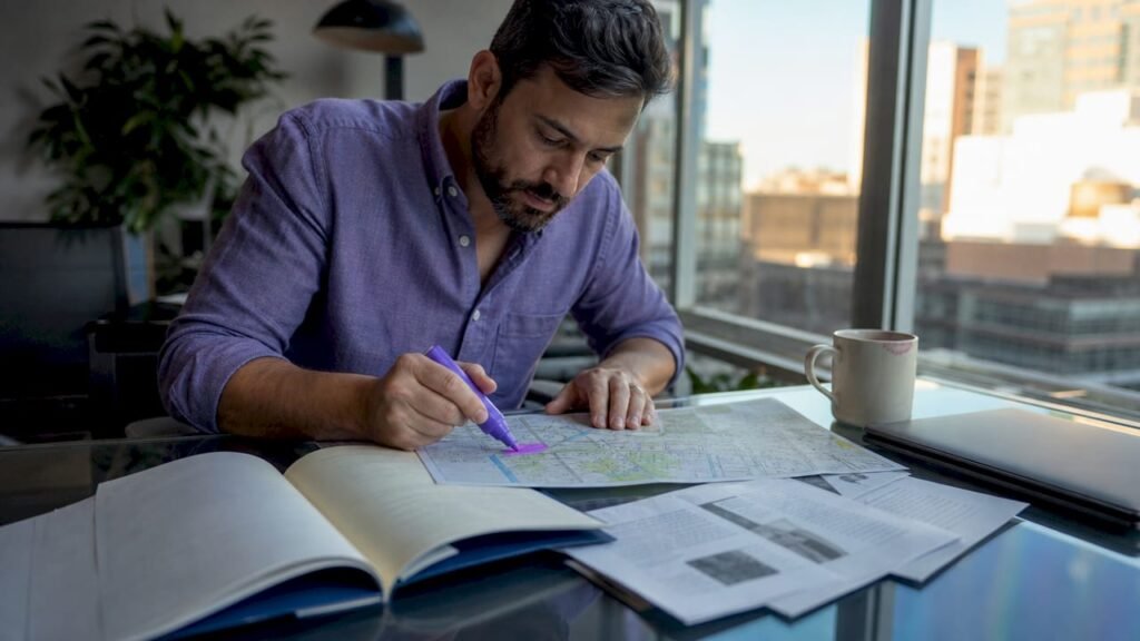 Business owner reviewing neighborhood service page materials