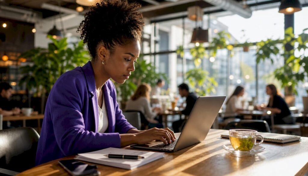 Woman working on city landing page SEO