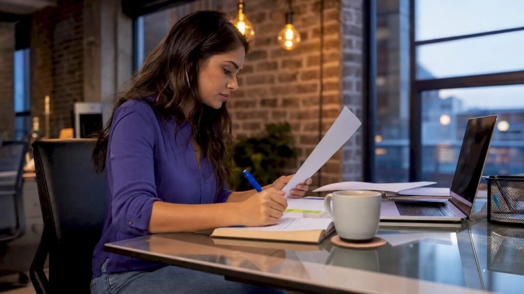 Small business owner reviewing certifications at desk