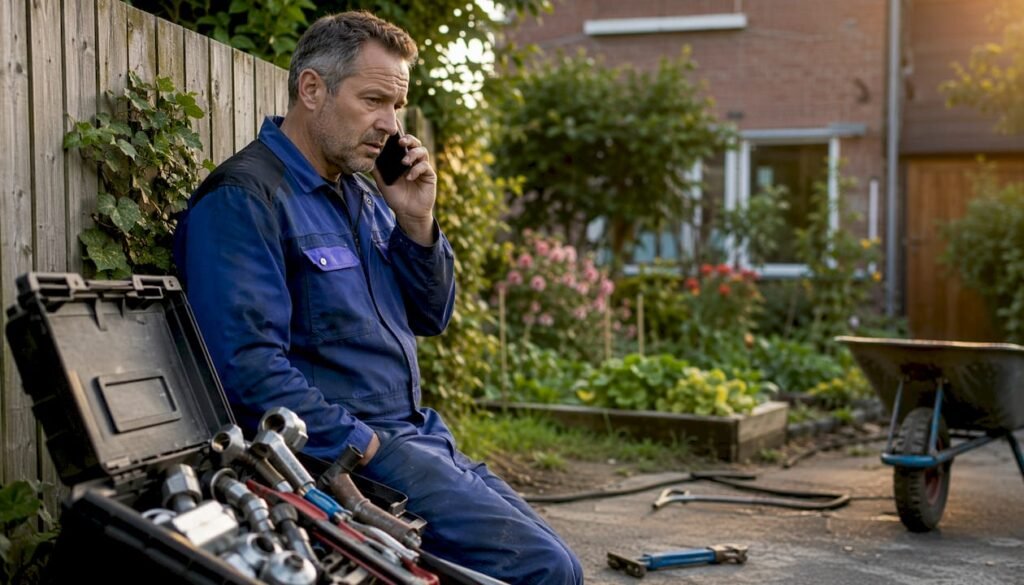 Plumber answering emergency call in kitchen