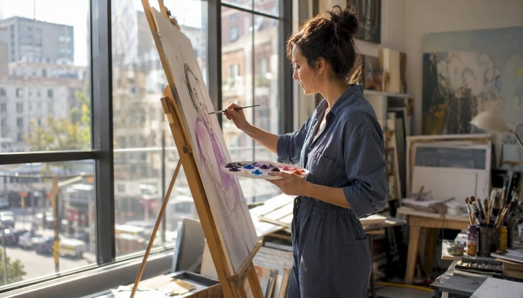 Creative woman exploring portfolio platforms at desk