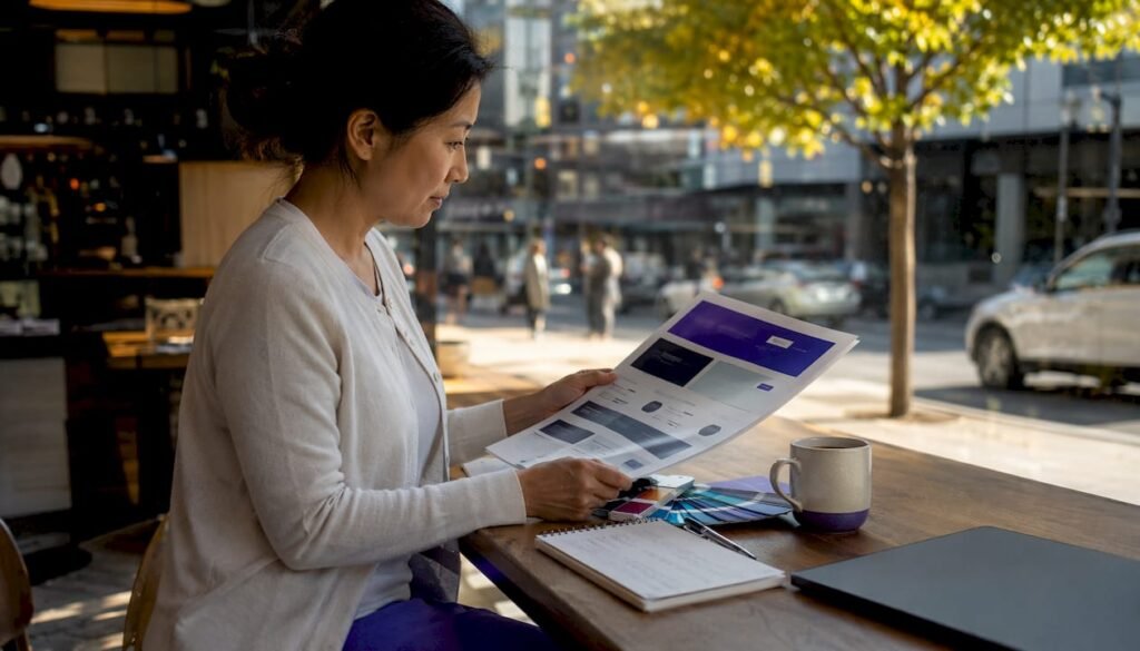 Consultant reviewing homepage layout in bright office