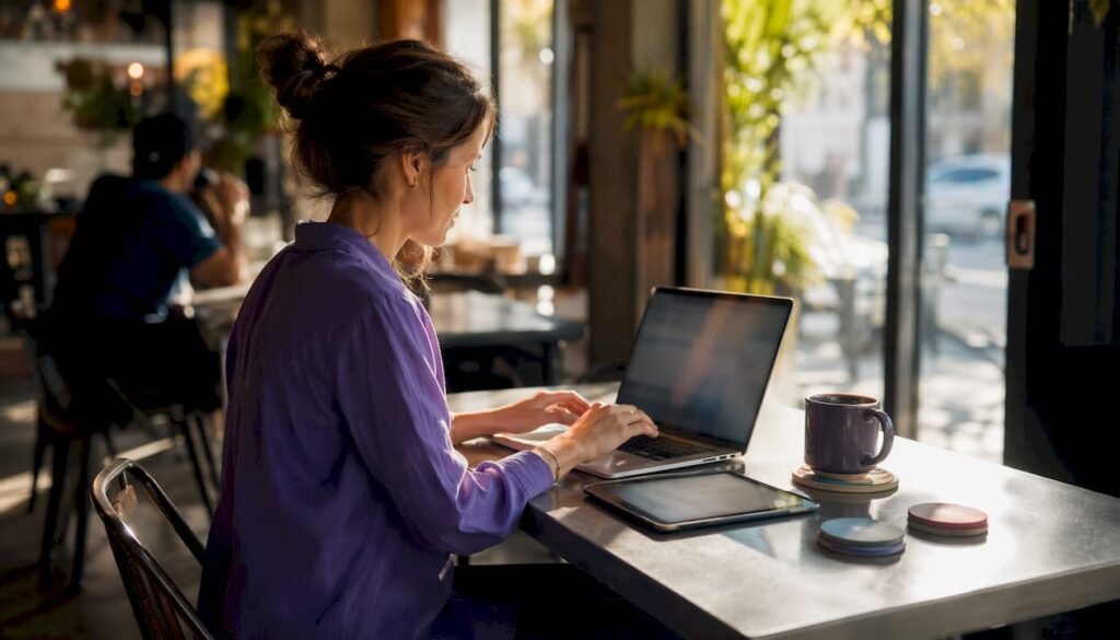 Business owner using booking page on laptop and tablet
