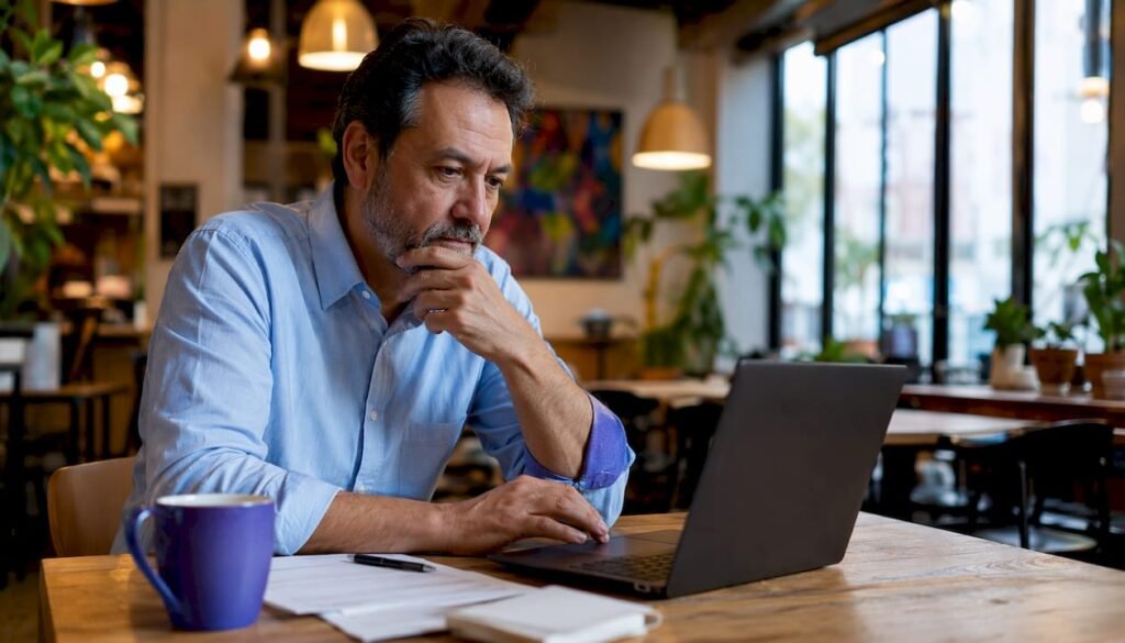 Small business owner reviewing website at desk