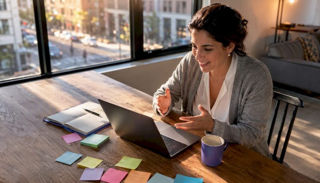 Coach on video discovery call in office