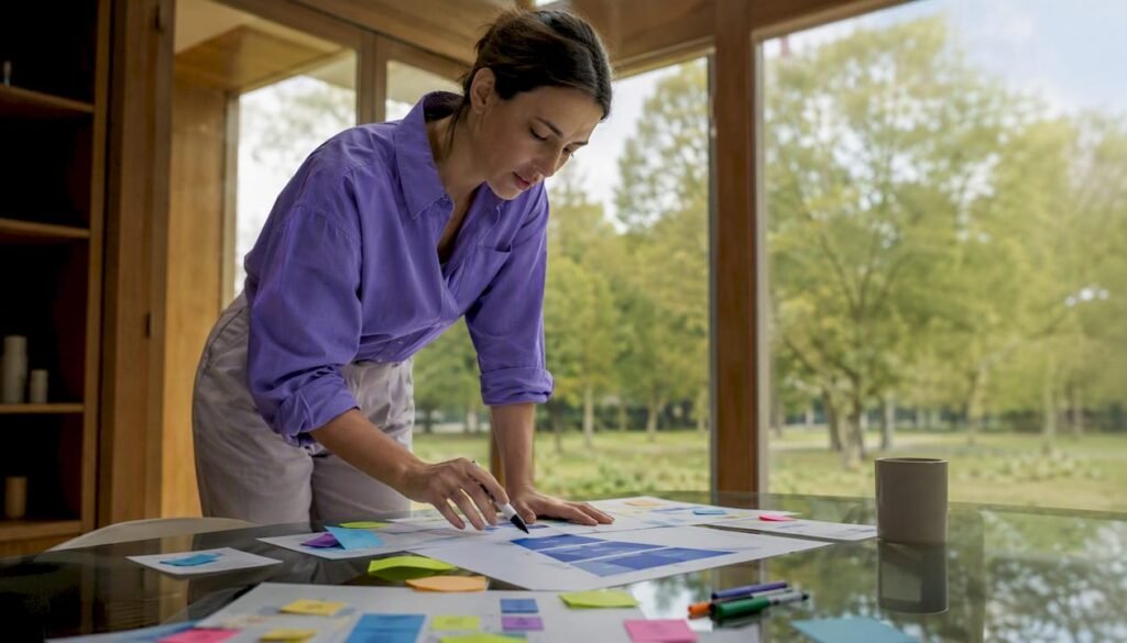 Consultant reviewing upsell funnel diagram at desk