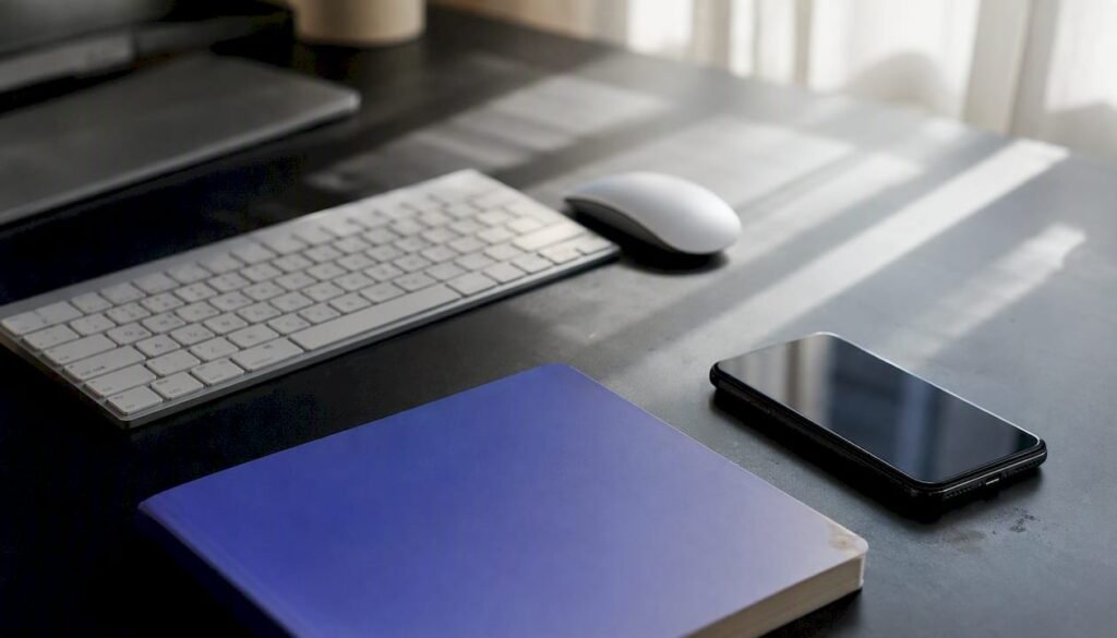 Close-up of digital marketing workspace with notebook
