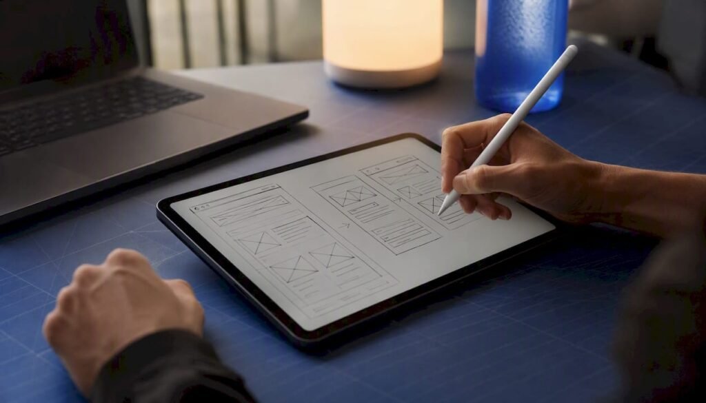 Designer sketching website wireframes on tablet
