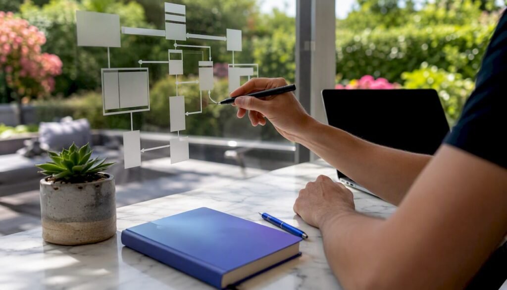 Hands pointing at internal linking sitemap diagram