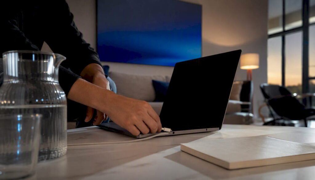 Hands installing tag device on laptop