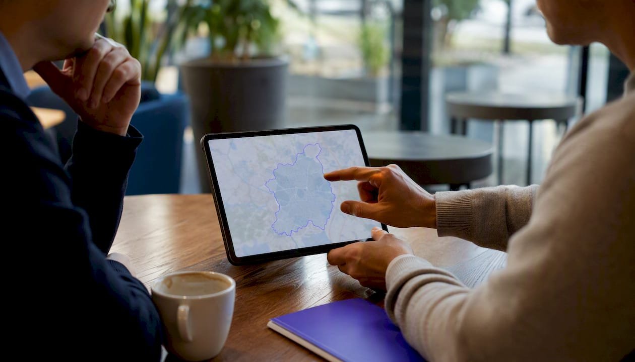 Hands pointing at service area on a map